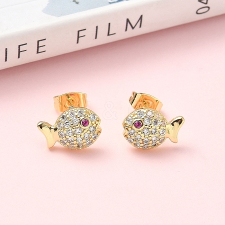 Fish Brass Micro Pave Clear Cubic Zirconia Stud Earrings EJEW-Z144-17G-1