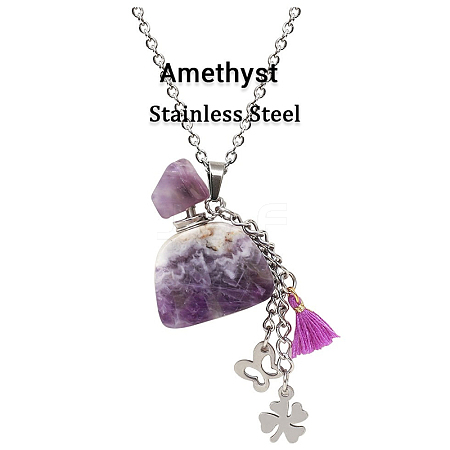 Natural Amethyst Perfume Bottle Pendant Necklace with Staninless Steel Butterfly Flower and Tassel Charms BOTT-PW0002-072J-1