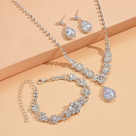 Teardrop & Flower Alloy Crystal Rhinestone Pendant Necklace & Stud Dangle Earrings & Bracelets Sets FS-WGA0F52-01-1