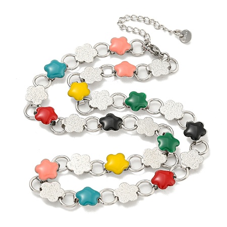 304 Stainless Steel Enamel Flower Link Chain Necklaces NJEW-S431-05P-02-1