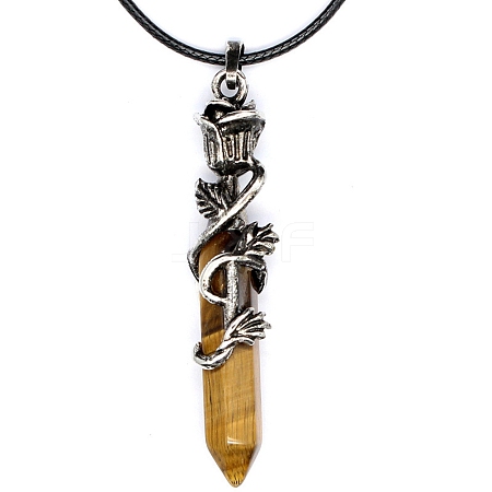 Metal Rose Flower Wrapped Pointed Natural Tiger Eye Bullet Pendant Necklaces PW-WG450FA-09-1