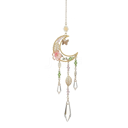 Brass Moon Sun Leaf & Acrylic Flower Suncatcher HJEW-TA00499-1
