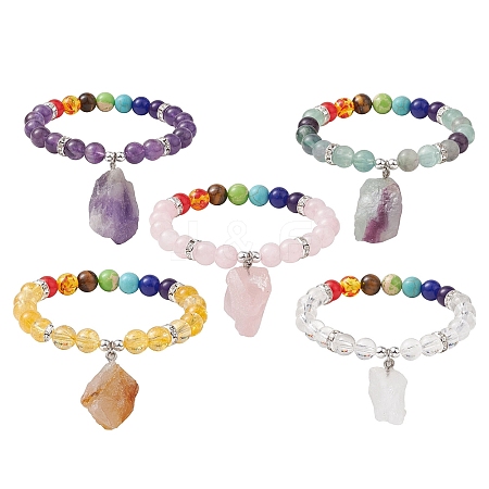 5Pcs 5 Styles Raw Rough Mixed Gemstone Charm Bracelets BJEW-JB10298-1