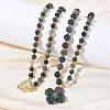 Saint Patrick's Day Natural Indian Agate Clover Pendant Round Beaded Necklaces with Brall Heart OT Clasps NJEW-G202-02G-01-1