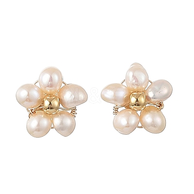 Brass & Natural Cultured Freshwater Pearl Stud Earrings EJEW-JE07492-1