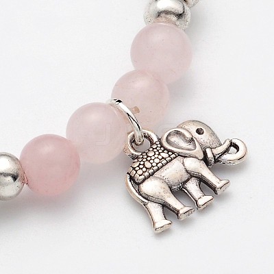 Natural Rose Quartz Beaded Elephant Charm Stretch Bracelets BJEW-JB01974-01-1