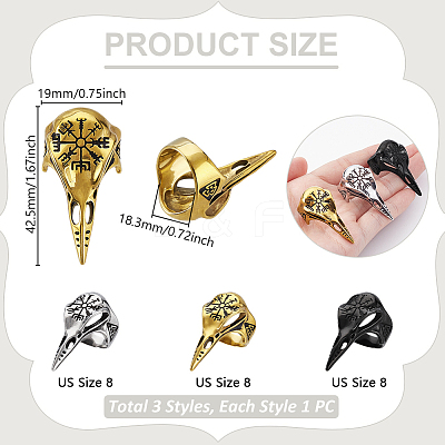 3Pcs 3 Colors Viking Raven Bird Head Stainless Steel Finger Rings RJEW-GA0001-04-1