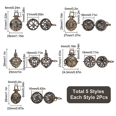 10Pcs 5 Styles Round Brass Hollow Cage Pendants KK-SC0003-05-1