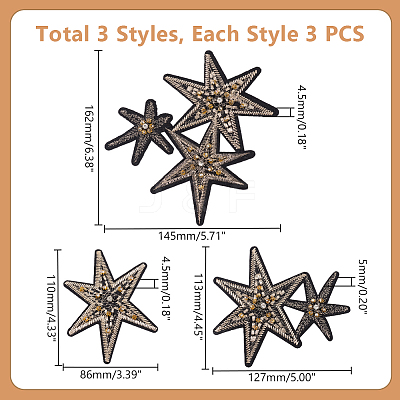 9Pcs 3 Styles Star Polyester Embroidery Appliques PATC-GA0001-51-1