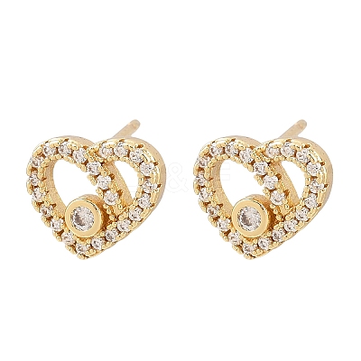 Brass Micro Pave Clear Cubic Zirconia Heart Stud Earrings EJEW-F400-28B-G-1