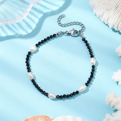 Natural Black Spinel & Cultured Freshwater Pearl Beads Beaded Bracelets for Woman BJEW-JB11268-1