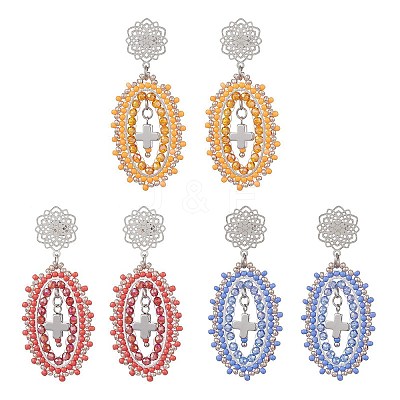 3 Pairs Cross Oval Glass Seed Bead Woven Stud Earrings EJEW-MZ00595-1