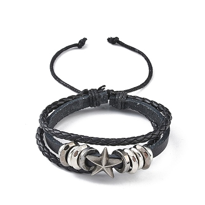 PU Leather & Waxed Cords Triple Layer Multi-strand Bracelets BJEW-G709-01B-1