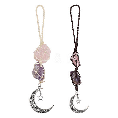 2Pcs 2 Styles Nuggets Natural Amethyst & Rose Quartz Hanging Suncatchers AJEW-GL0003-32-1