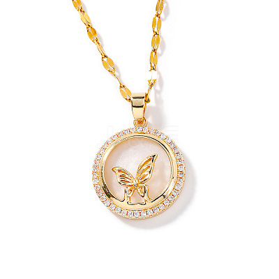 Brass Clear Cubic Zirconia Flat Round Butterfly Pendant Dapped Chain Necklaces for Women WA9125-1
