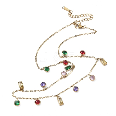 304 Stainless Steel Pave Colorful Cubic Zirconia Flat Round Rectangle Pendant Bib Necklaces NJEW-C114-03G-1