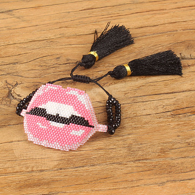 Glass Seed Braided Bead Bracelet with Double Tassel BJEW-A121-02B-1