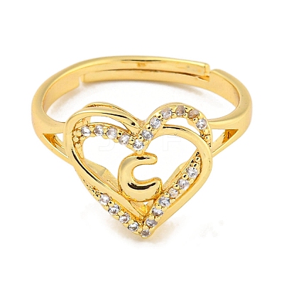 Heart with Letter Rack Plating Brass Micro Pave Clear Cubic Zirconia Adjustable Rings for Women RJEW-I105-01G-C-1