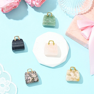 5Pcs 5 Styles Synthetic Blue Goldstone & Natural Cherry Blossom Agate & & Green Aventurine & Rose Quartz & Rhodonite Brass Pendants KK-YW0003-41-1