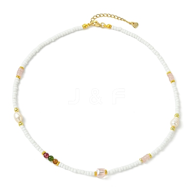 Natural Rose Quartz Heishi Beads & Rice Natural Pearl & Glass Seed Beaded Necklaces NJEW-JN06249-03-1