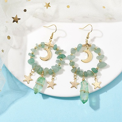 Natural Green Aventurine Chip & Dyed Quartz Crystal Beaded Ring Dangle Earrings EJEW-TA00357-02-1