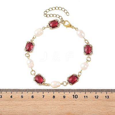 Natural Cultured Freshwater Pearl & Brass Glass Link Chains Bracelets for Women BJEW-JB14214-1