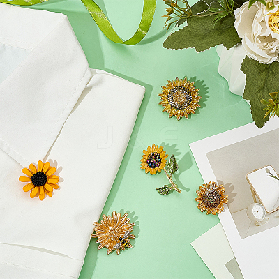 5Pcs 5 Styles Sunflower Alloy Rhinestone Lapel Pins for Backpack Clothes JEWB-OC0001-05-1