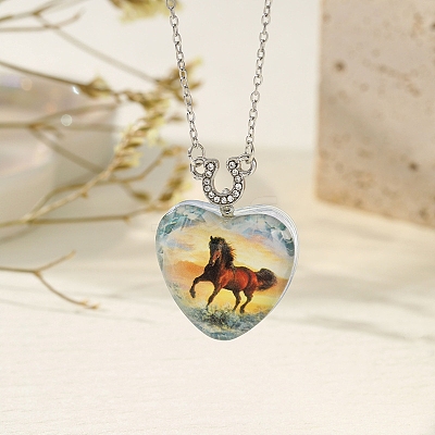 Heart with Horse Pattern Glass Pendant Necklaces PW-WGF1C5C-03-1