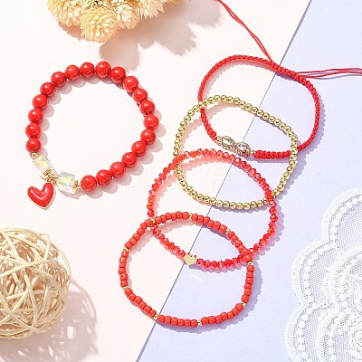 5Pcs 5 Style Glass & Brass Beaded Stretch Bracelets Set BJEW-TA00298-1