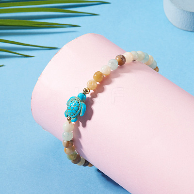 Ocean Dyed Synthetic Turquoise Turtle & Natural Flower Amazonite Round Beaded Anklets AJEW-TA00062-1