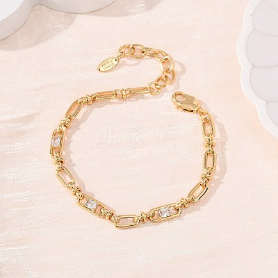 Oval & Paperclip Brass Micro Pave Cubic Zirconia Link Chain Bracelets for Women BJEW-D458-02G-02-1