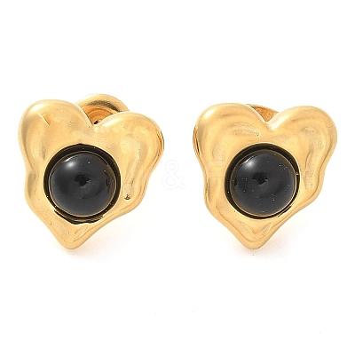 Natural Obsidian & Ion Plating(IP) 304 Stainless Steel Heart Stud Earrings EJEW-A118-04G-01-1