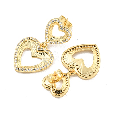 Hollow Heart Brass Pave Clear Cubic Zirconia Dangle Stud Earrings EJEW-M258-26G-1