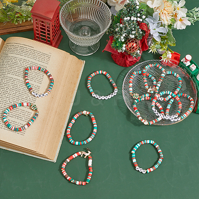 12Pcs 2 Sets Christmas Theme Polymer Clay Heishi Beaded Stretch Bracelets BJEW-ME0001-17A-1