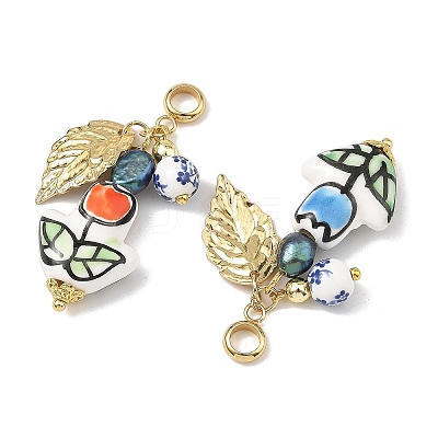 Handmade Porcelain & Natural Cultured Freshwater Pearl & Brass & 201/304 Stainless Steel Pendants PALLOY-JF05914-1