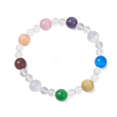 4Pcs 4 Colors Cat Eye & Synthetic Quartz Crystal & Natural Carnelian(Dyed & Heated) & Natural Rose Quartz & Natural Green Aventurine Round Beaded Stretch Bracelet Sets BJEW-JB12246-1