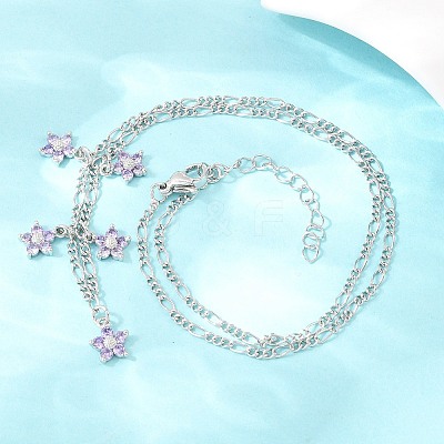 Brass Pave Lilac Cubic Zirconia Flower Pendant Figaro Chain Bib Necklaces for Women NJEW-F364-01P-1