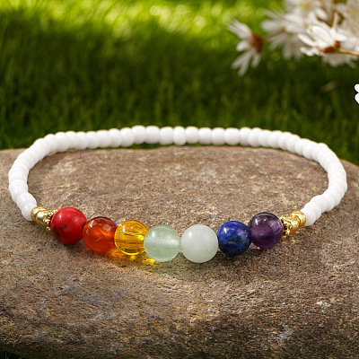 Natural & Synthetic Gemstone & Glass Seed Beads Stretch Bracelets for Women CR6398-1