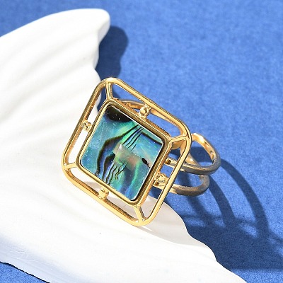 Square 304 Stainless Steel Paua Shell Cuff Rings for Women RJEW-G346-03G-01-1