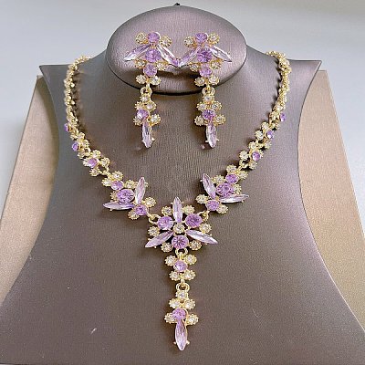 Flower Brass Rhinestone Pendant Necklaces & Stud Dangle Earrings FS-WG58BAB-10-1