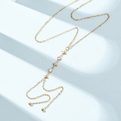 304 Stainless Steel Crystal Rhinestone Flat Round Star Pendant Y Tassel Lariat Necklaces for Women NJEW-F378-03G-1