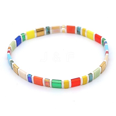 Bohemian Rainbow Glass Flat Double-Hole Bead Striped Women's Stretch Bracelets for Women QS8192-2-1