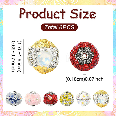 6Pcs 6 Colors Handmade Polymer Clay Rhinestone Indonesia Beads CLAY-YW0002-75-1