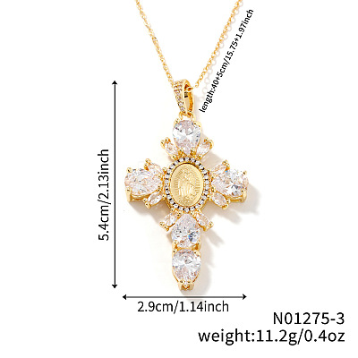 Brass Pave Cubic Zirconia Virgin Mary Cross Pendant Necklaces LS-FU1040-3-1