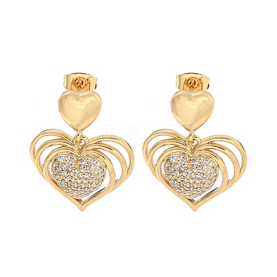 Heart Brass Pave Clear Cubic Zirconia Stud Earrings EJEW-M258-66G-1