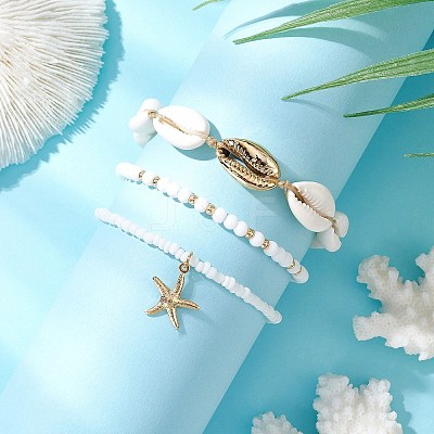 3Pcs 3 Styles Glass Seed Beads Stretch Bracelets & Charm Bracelets & Natural Mixed Cowrie Shell Beads Braided Bracelets BJEW-TA00639-1