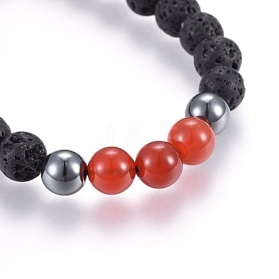 Natural Lava Rock and Non-Magnetic Synthetic Hematite Beads Braided Bead Bracelets BJEW-JB03975-07-1