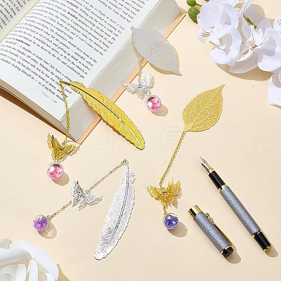 4Pcs 4 Styles Alloy Feather/Leaf Bookmarks AJEW-AR0001-95-1