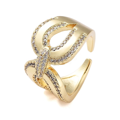 Rack Plating Teardrop Brass Micro Pave Cubic Zirconia Open Cuff Rings for Women RJEW-B064-02G-1