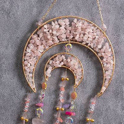 Double Moon Natural Rose Quartz Chips Beads Suncatchers HJEW-F027-02-1